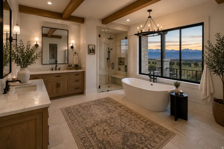 Primary spa-inspired bathroom featuring a freestanding soaking tub positioned at large picture windows, dual-sink vanity with wood cabinetry and stone countertops, walk-in shower with frameless glass enclosure, coffered ceiling with exposed wood beams, re