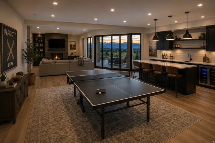 Expansive recreation space featuring dual regulation ping-pong tables on wood-finish flooring, anchored by a full wet bar with dark cabinetry, beverage cooler, and stainless steel sink