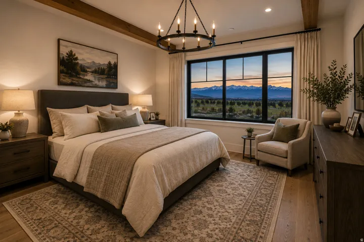 Master bedroom with large multi-panel windows framing mountain and landscape vistas, wood-finish flooring, dark wood bedside tables with integrated lighting, upholstered headboard, area rug with geometric patterning, decorative pendant chandelier, and sof
