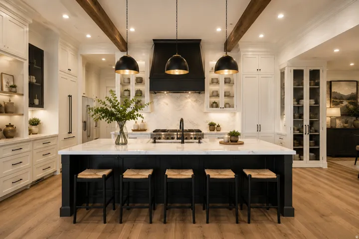 Expansive kitchen island with a white countertop and black base
