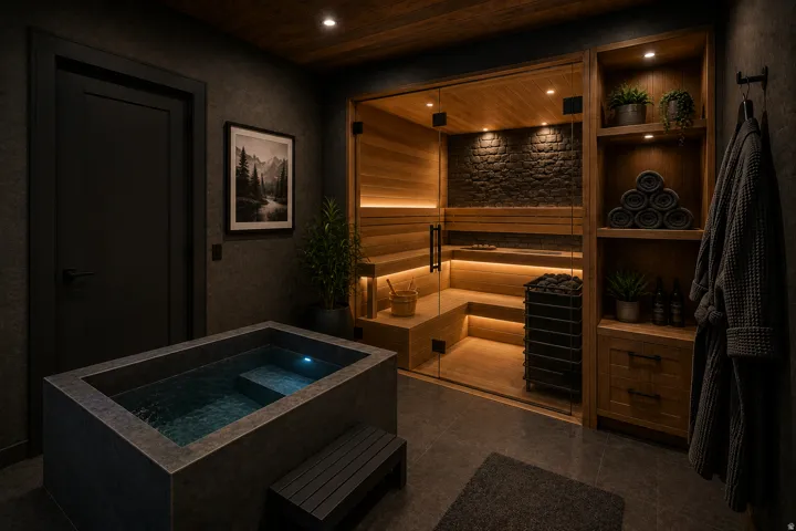 In-ground cold plunge pool, built-in wooden sauna with glass door, stone accent wall, recessed lighting, and integrated shelving with lower cabinetry
