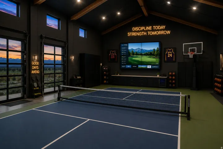 Indoor athletic court with a mounted basketball hoop and integrated media display