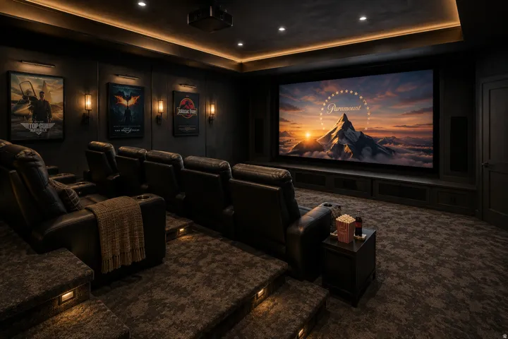 Dedicated home theater featuring a large projection screen, tiered seating, recessed ceiling lighting, wall sconces, and built-in cabinetry