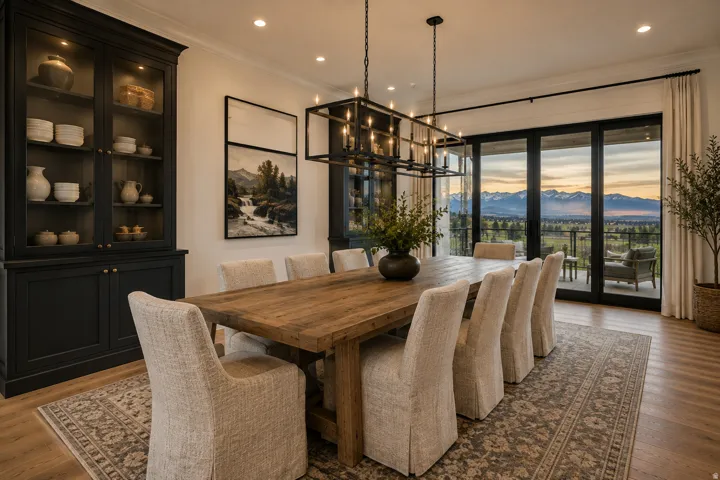 Sophisticated dining space anchored by a wood-top table and upholstered chairs, illuminated by a geometric pendant fixture