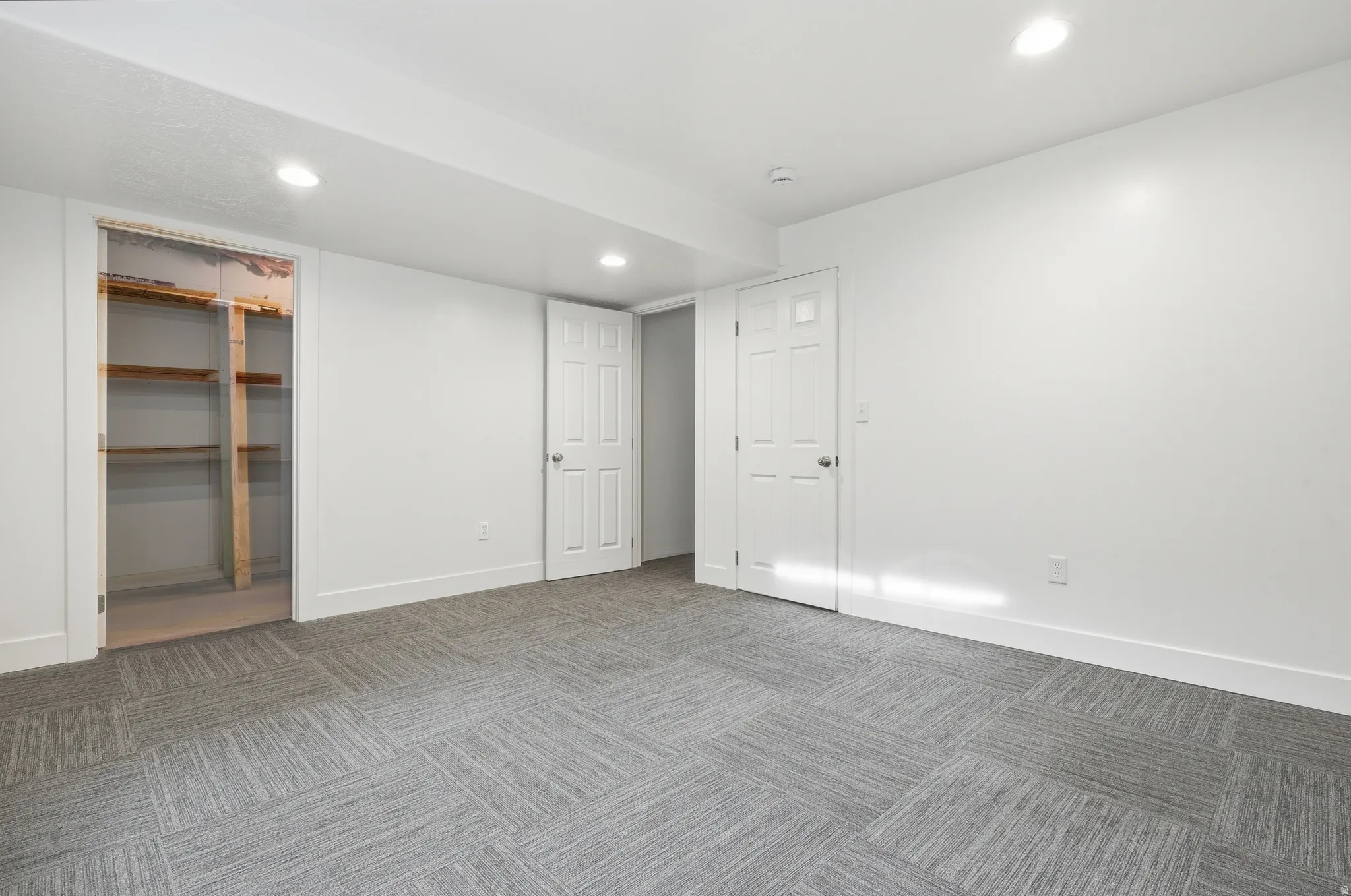 Recessed lighting, wood-finish shelving, white interior doors, and textured gray carpet