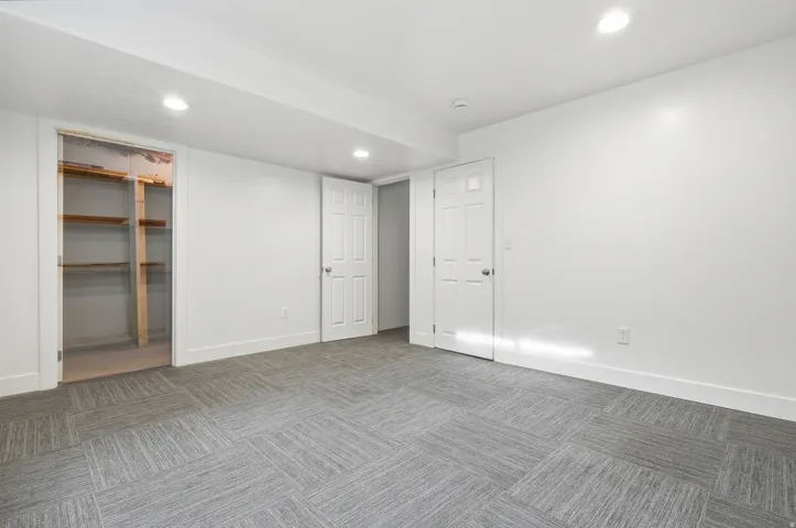 Recessed lighting, wood-finish shelving, white interior doors, and textured gray carpet