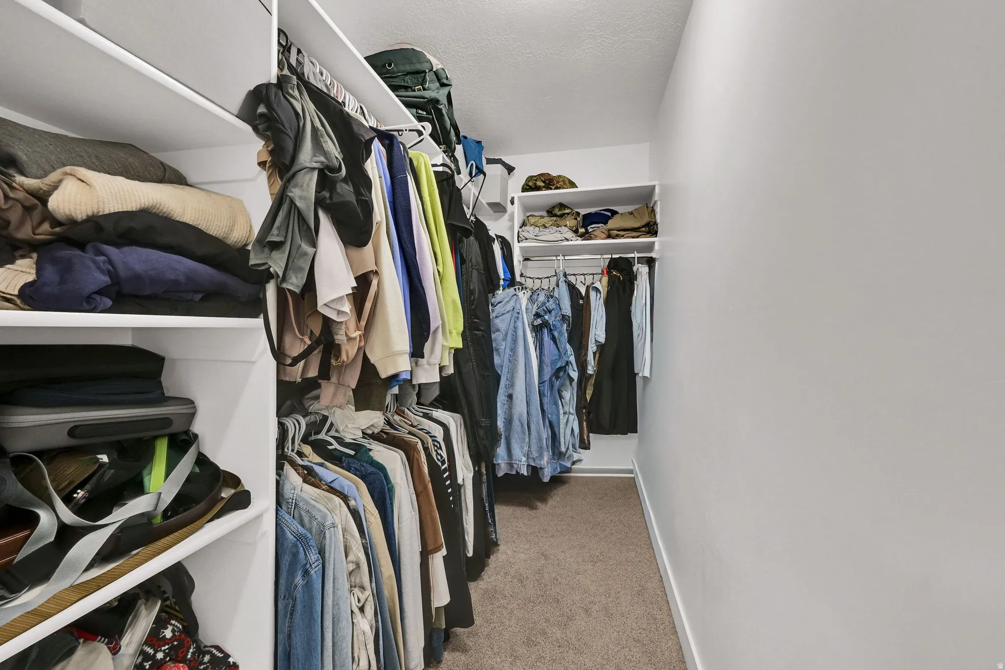Walk-in closet featuring white shelving, multiple hanging rods, and carpet flooring
