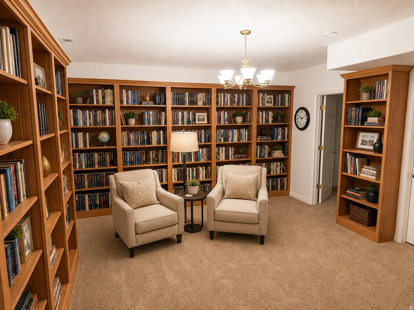 Custom built-in oak shelving, recessed lighting, and a brass-finish chandelier