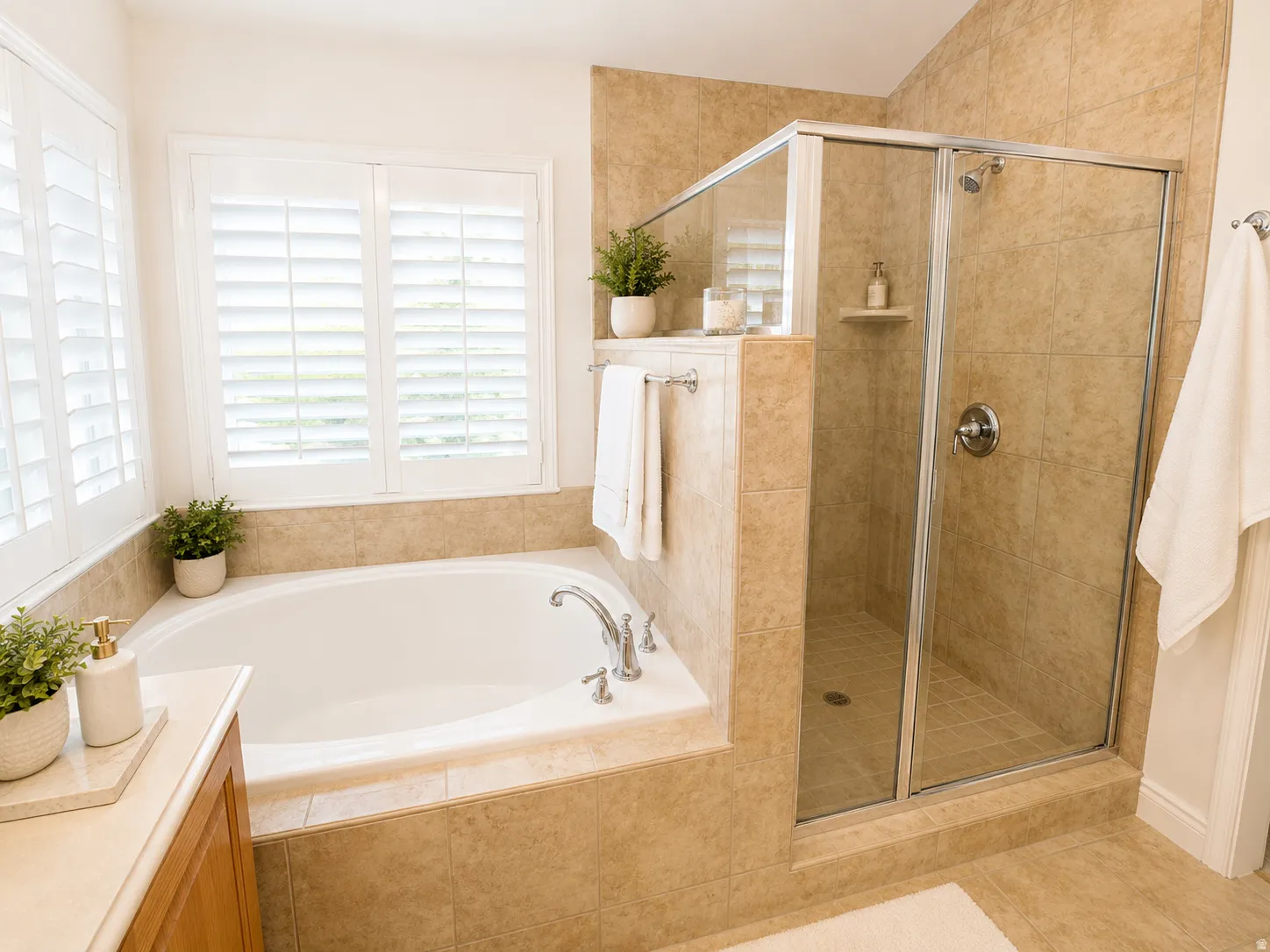 Built-in soaking tub with chrome fixtures, tiled surround, and white plantation shutters