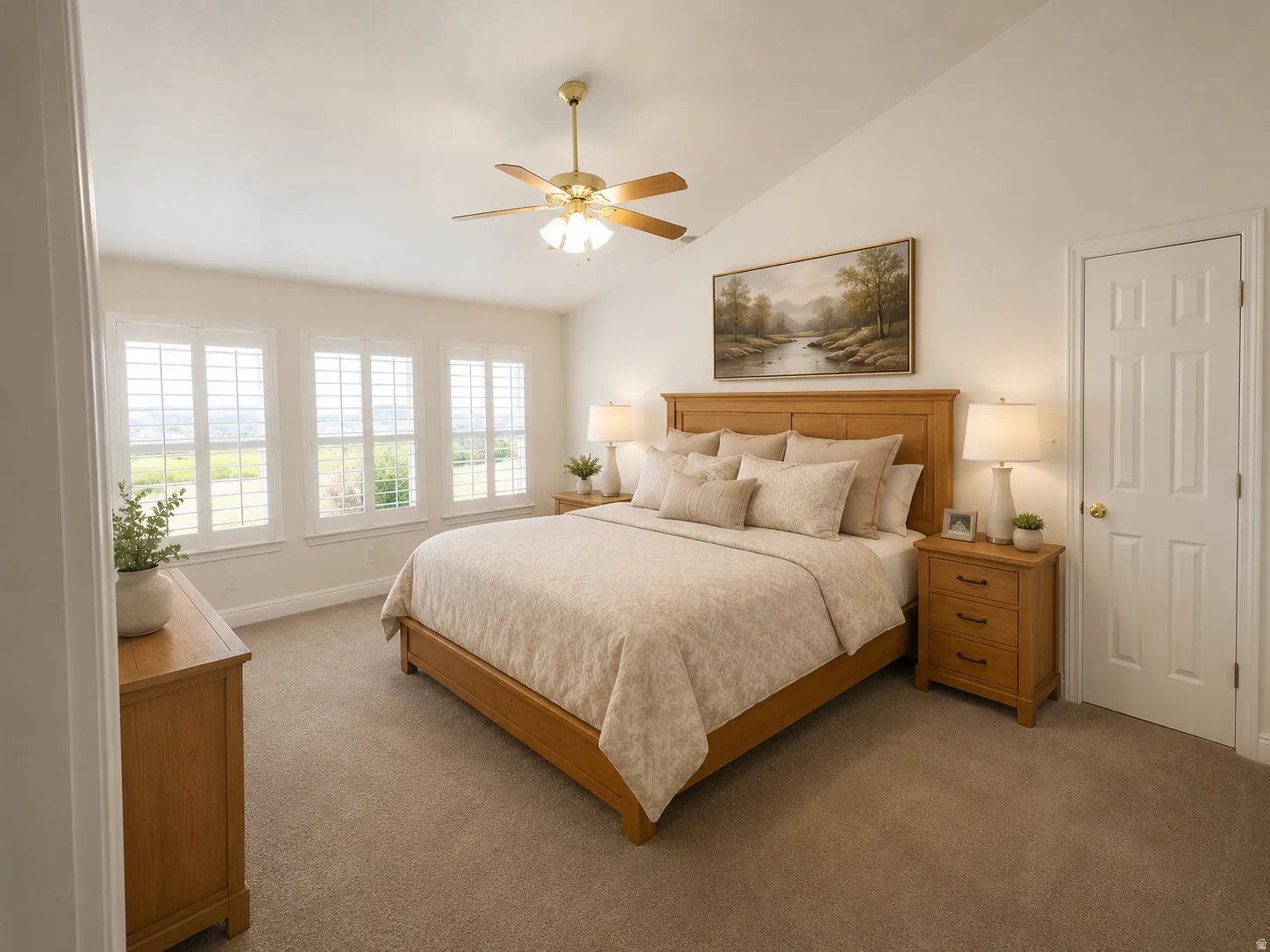 Vaulted ceiling with a ceiling fan, three windows with plantation shutters, carpeted flooring, and a six-panel door