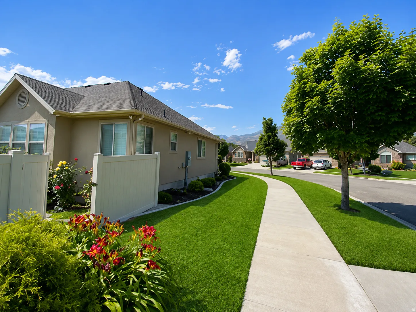 Stucco exterior with a pitched roof, featuring well-maintained landscaping with mature trees and vibrant flowering plants