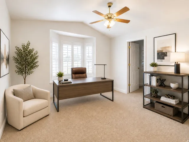 Bay window with plantation shutters, ceiling fan with integrated lighting, neutral wall paint, and plush carpet