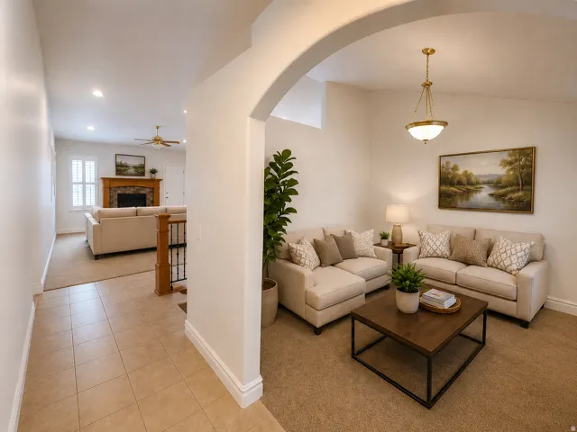Archway entry into a living area with recessed lighting, tile flooring, and carpet flooring