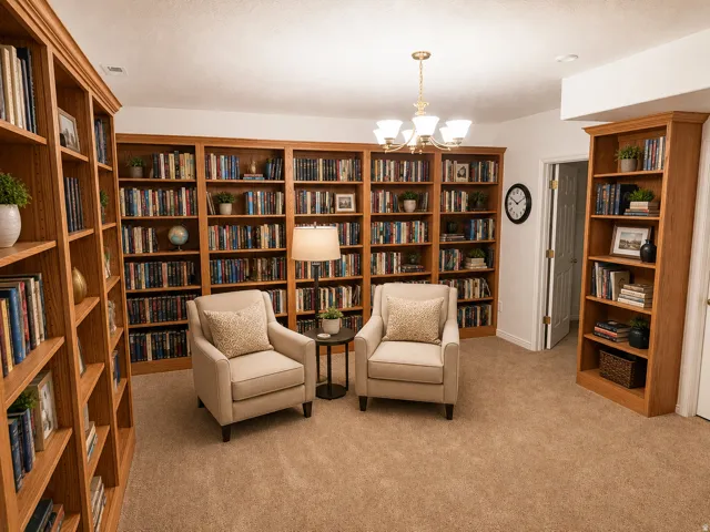 Custom built-in oak shelving, recessed lighting, and a brass-finish chandelier