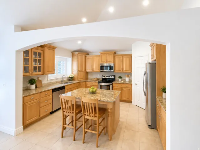 Kitchen featuring light wood cabinetry, stone countertops, stainless steel appliances, a center island with seating, and tile flooring