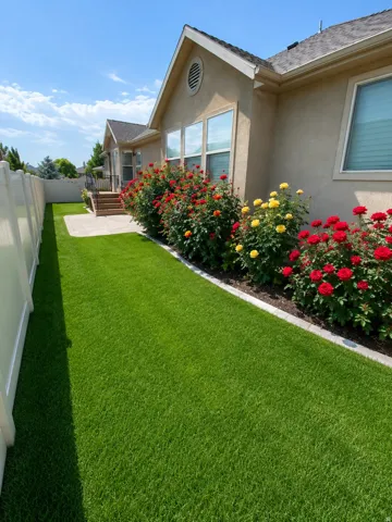 Stucco exterior with a gable roofline, featuring a white vinyl fence, an artificial turf lawn, and vibrant rose bushes