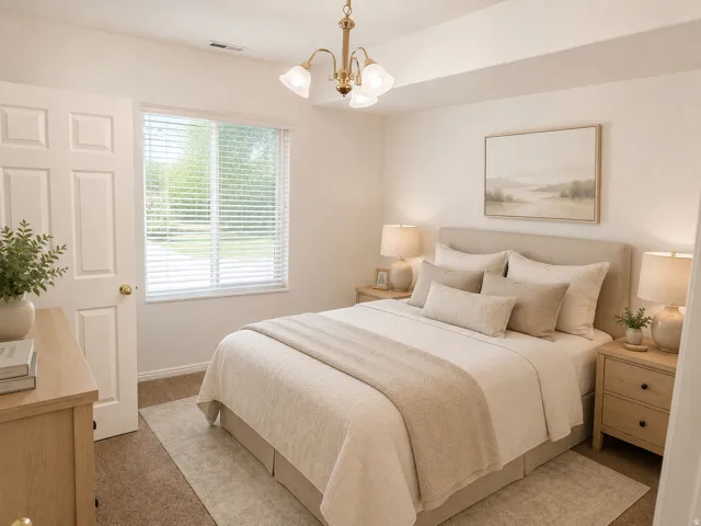 Serene primary bedroom suite featuring a wood-finish nightstand with drawer storage, brass chandelier with frosted glass shades, and expansive glass doors with plantation shutters overlooking outdoor space