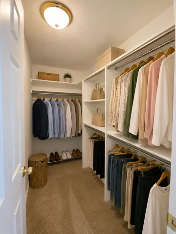 Recessed overhead lighting illuminates a walk-in closet featuring built-in white shelving, multiple hanging rods, and plush carpet flooring