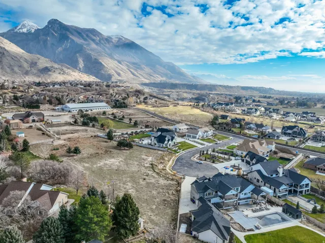 Aerial view of residential area featuring a mountain backdrop