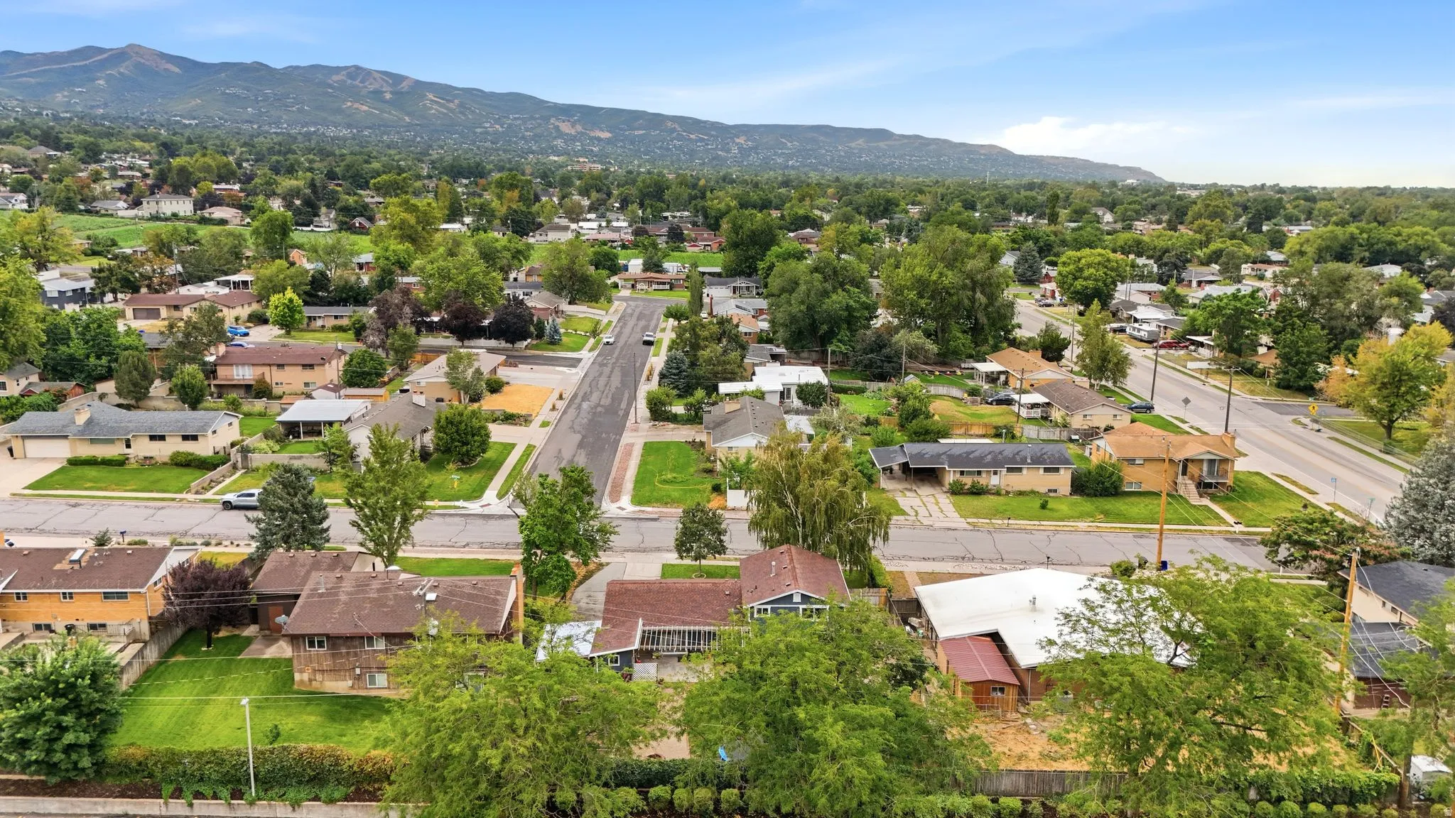 Aerial view showcasing this established residential neighborhood with tree-lined streets, single-family homes on spacious lots, and distant mountain backdrop