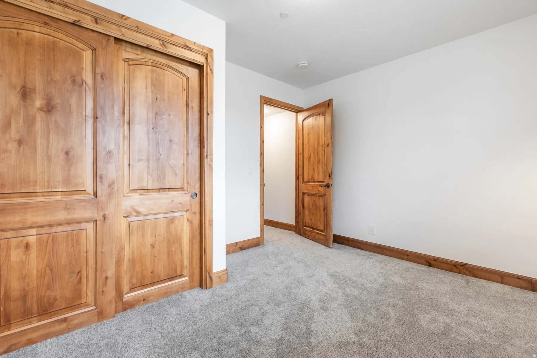 Wood-paneled closet doors, arched doorways, white walls, wood trim, and gray carpet