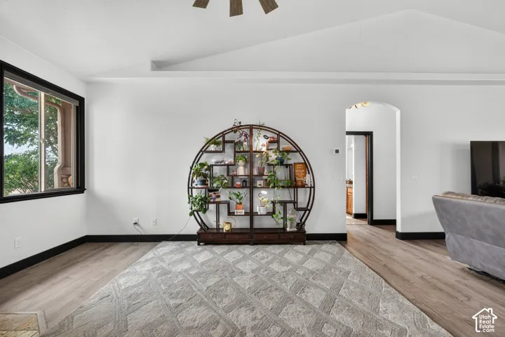 Bright, open living space featuring wood-finish flooring, high ceilings with ceiling fan, and a striking circular shelving unit with metal framework and glass display sections