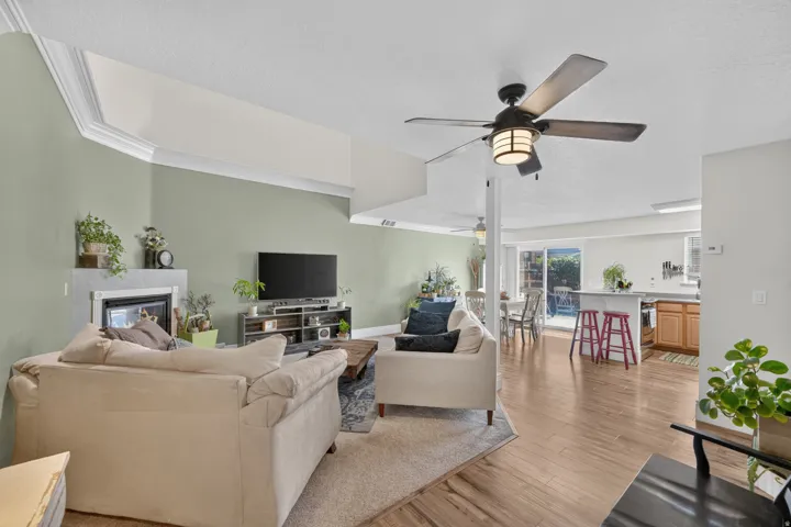 Family Room with vaulted, open ceiling and gas fireplace