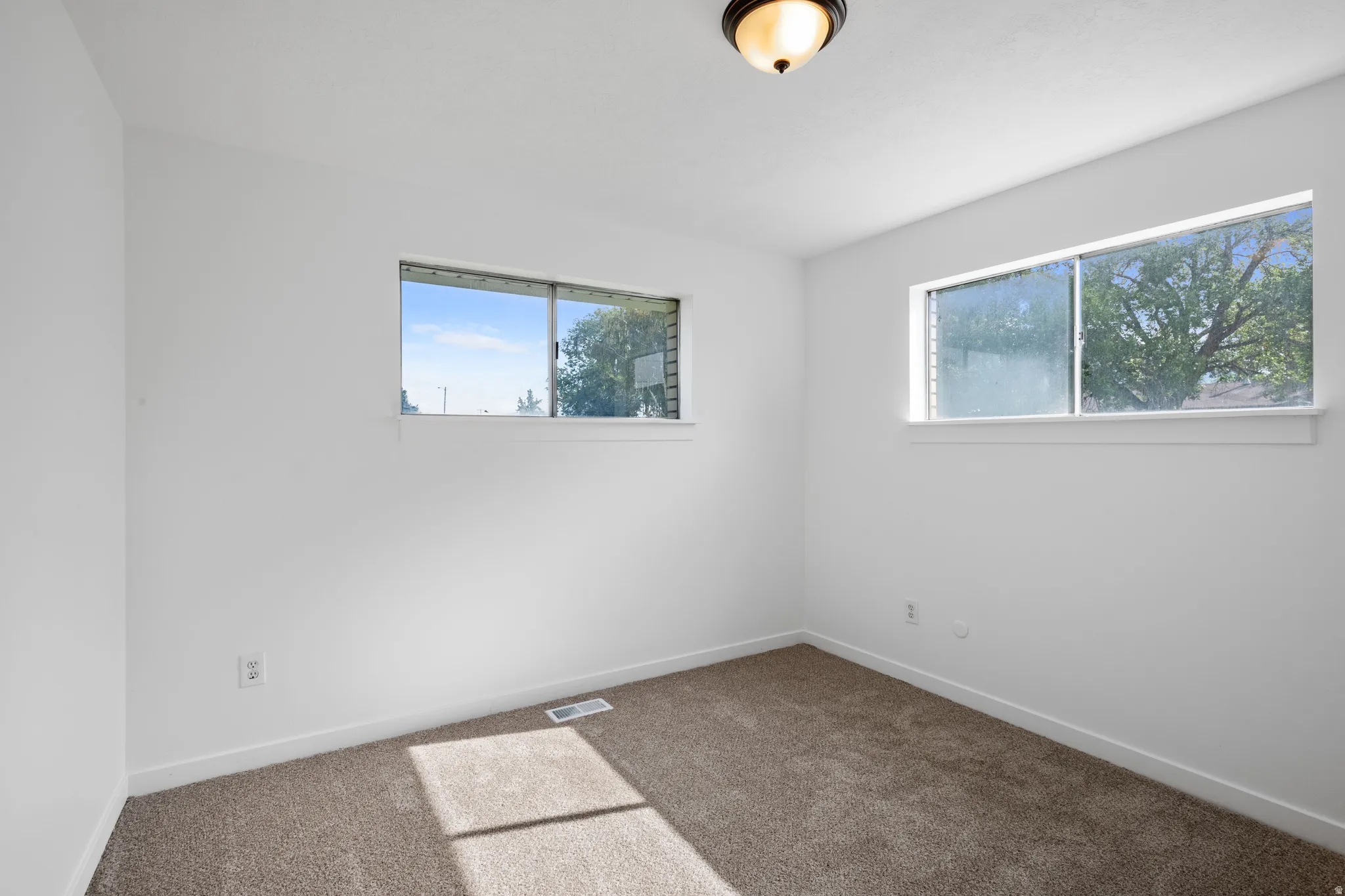 Neutral carpet flooring, white walls, two windows, and a flush mount ceiling light