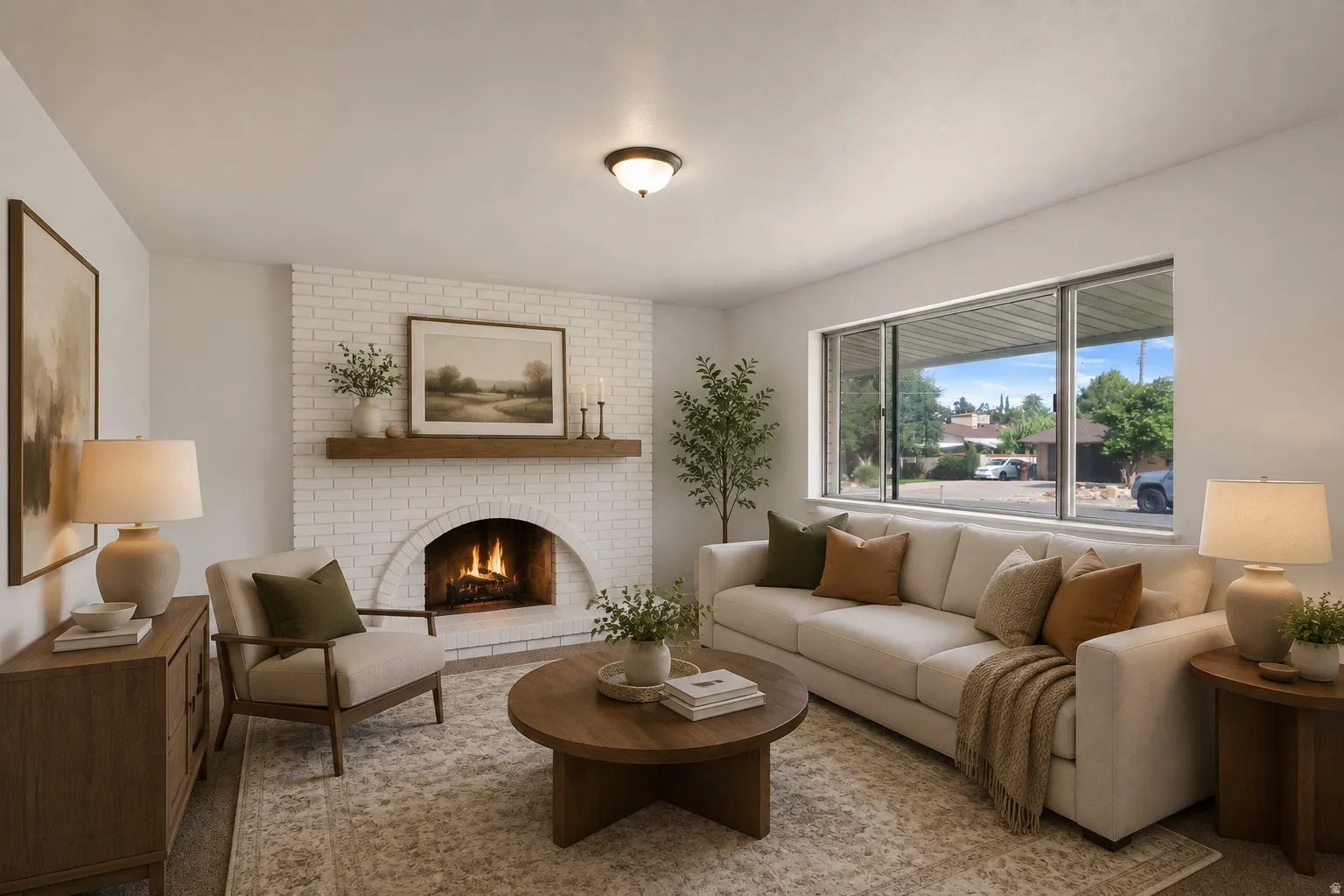 White painted brick fireplace with a wood mantel