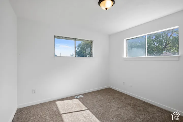 Neutral carpet flooring, white walls, two windows, and a flush mount ceiling light