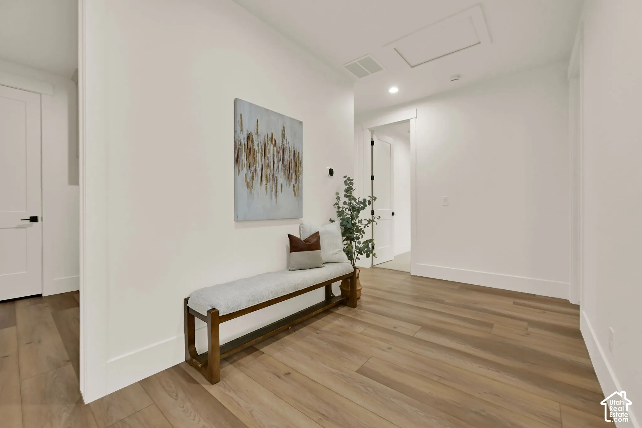 Hardwood-style flooring throughout, white interior doors with black hardware, recessed ceiling lighting