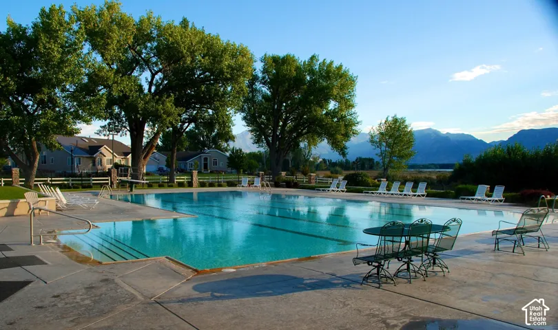 Expansive outdoor swimming pool with concrete decking, surrounding mature trees, and distant mountain scenery