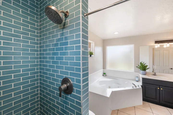 Spa-inspired master bath featuring a walk-in shower with subway tile surround and dual showerheads, a freestanding soaking tub, and a double vanity with dark cabinetry and vessel sinks