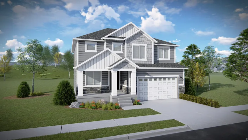 Contemporary exterior with mixed siding, stone accents, and a covered porch