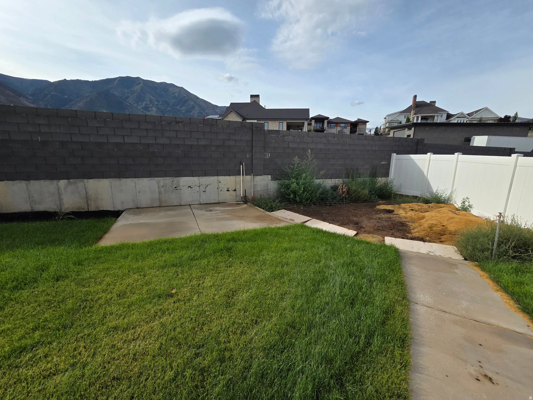 Spacious backyard with mature lawn, concrete pathways, and dedicated garden bed area