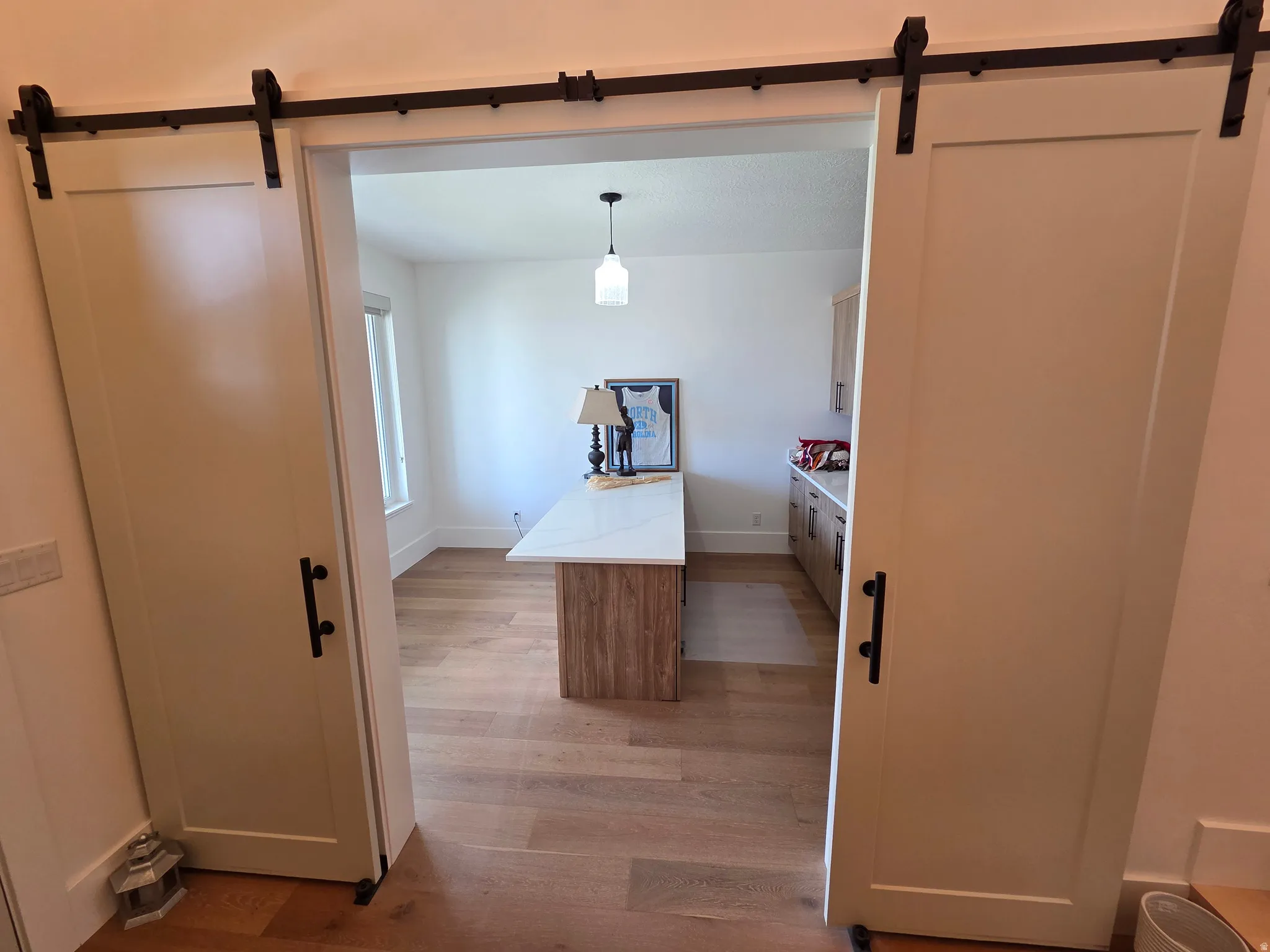 Elegant double barn doors with black hardware frame the entry to this bright, open-concept space