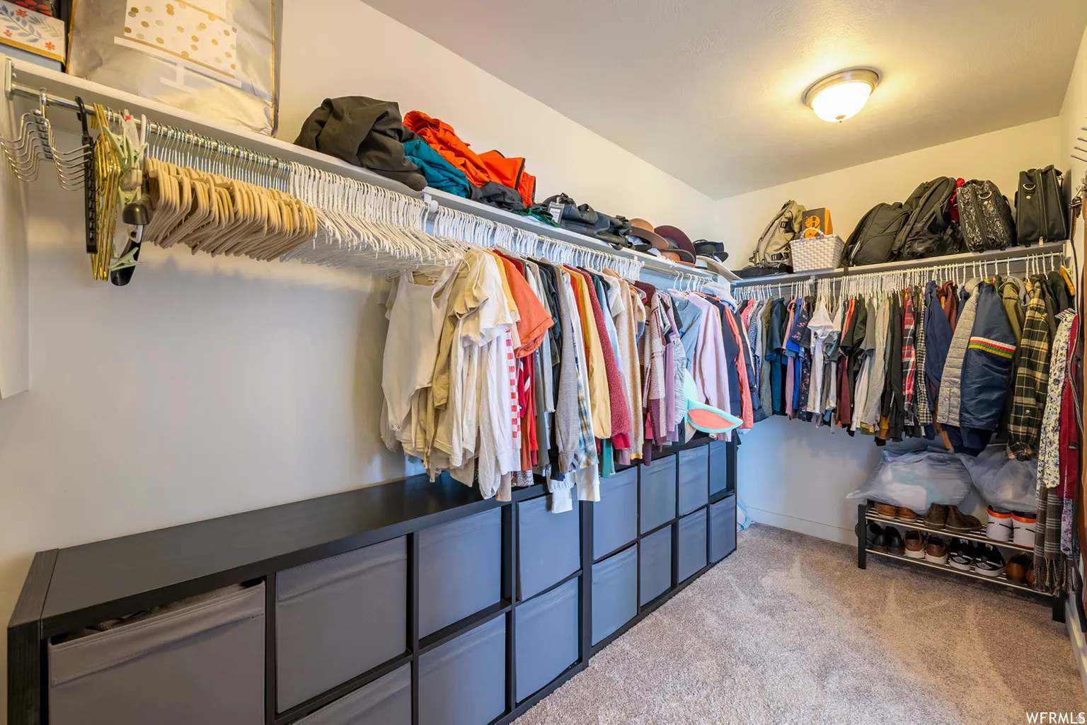 Spacious walk-in closet featuring dual clothing rods with extensive hanging capacity, built-in shelving above for additional storage, and neutral carpeting throughout