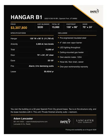 Marketing Flyer, Hangar B1. Detailing property specifications, included features, and contact information