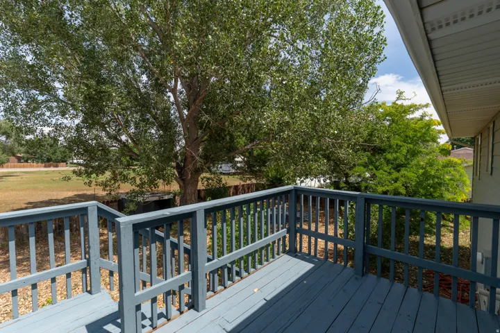 Expansive composite deck featuring dark railings with turned balusters, composite decking boards, and a shaded outdoor living space overlooking mature landscaping and open grounds
