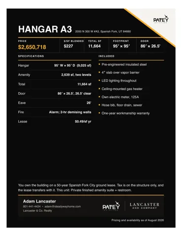 Marketing Flyer, Property Details. Outlining the specifications, included features, and financial terms for the property