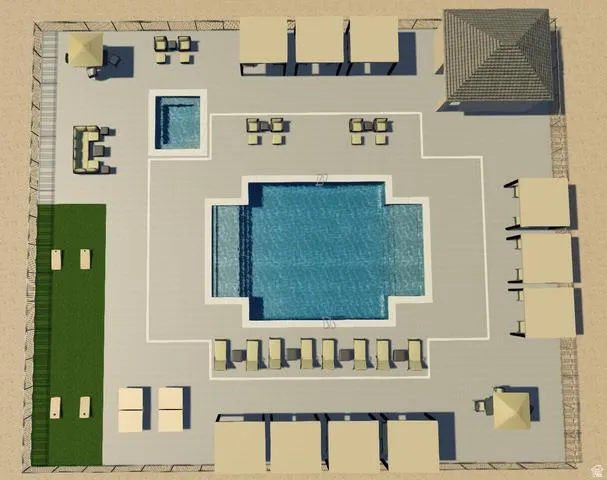 Outdoor aquatic center featuring a large rectangular pool and a separate spa