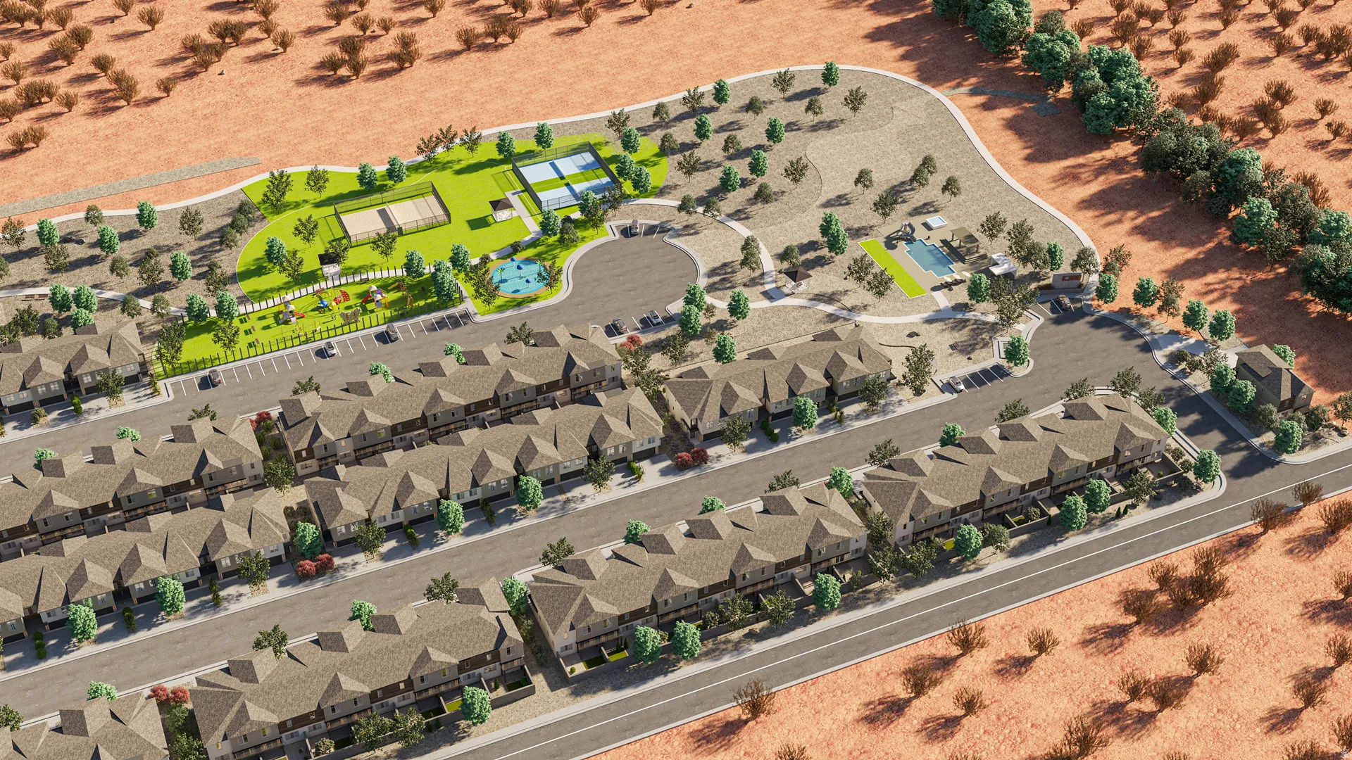 Community featuring townhouse-style residences, a multi-court sports area, a playground, a swimming pool, and dedicated parking