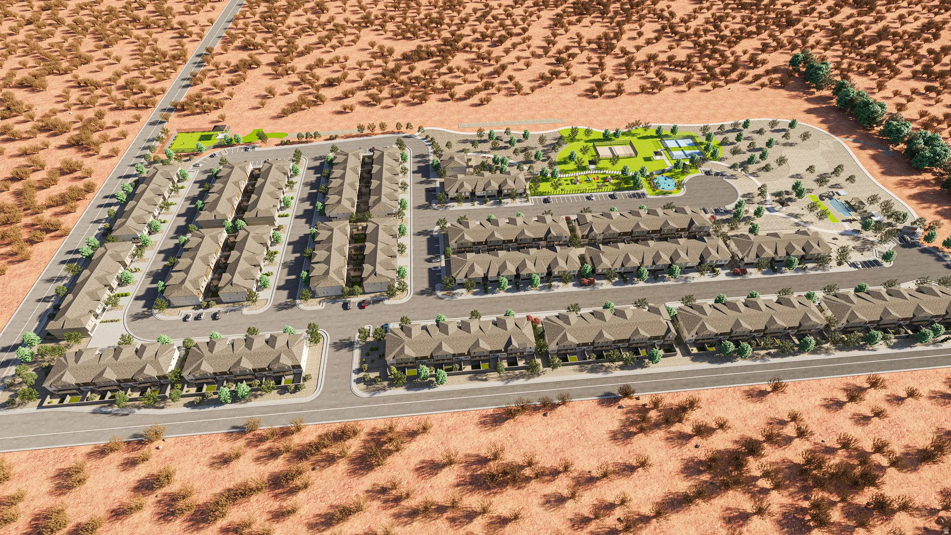 Expansive residential community featuring townhome-style residences, paved roadways, and integrated green spaces