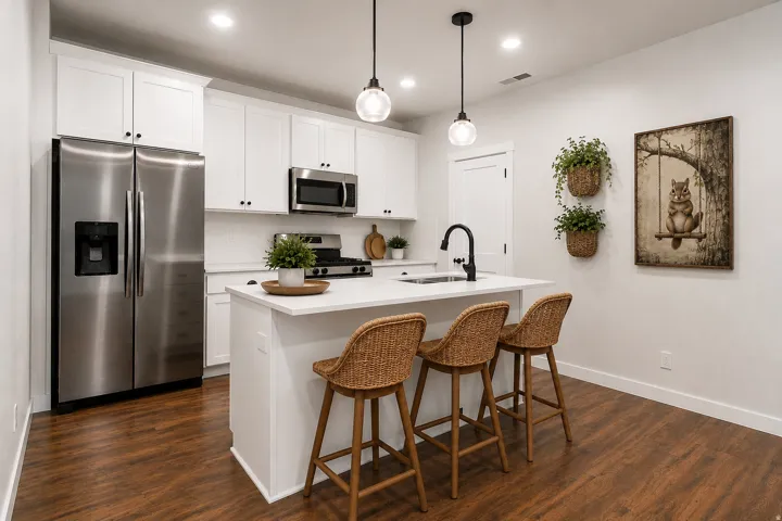 Open-concept kitchen featuring wood-finish flooring, white cabinetry, stainless steel appliances, a center island with sink, and pendant lighting