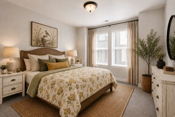 Recessed ceiling light fixture, twin windows, wall-to-wall carpeting, wood-finish bed frame, and distressed wood-finish nightstands