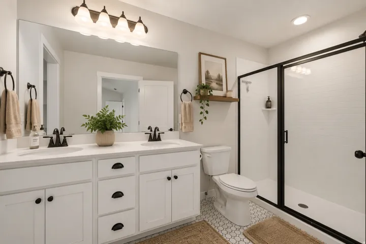 Dual vanity with white cabinetry and black hardware