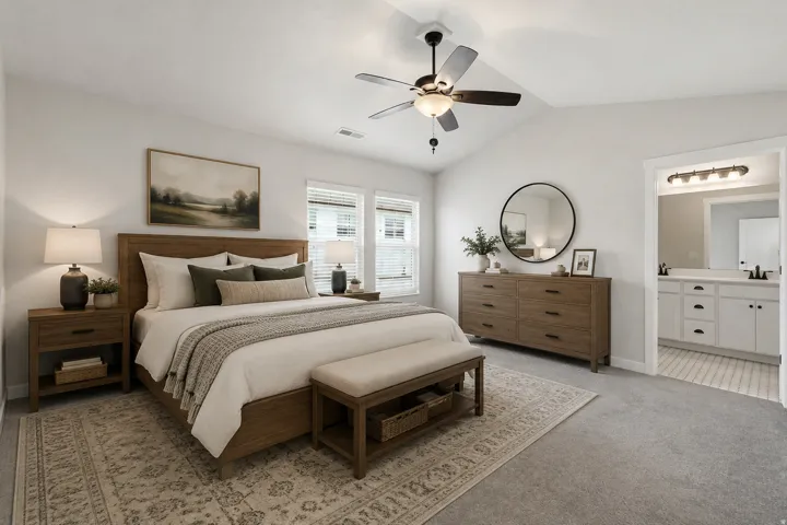 Vaulted ceiling with a ceiling fan, carpeted flooring, multiple windows with blinds, and an adjacent bathroom with a double vanity