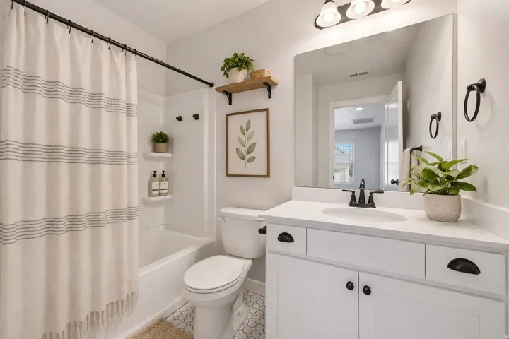 White vanity with a single basin sink, white countertop, and matte black faucet