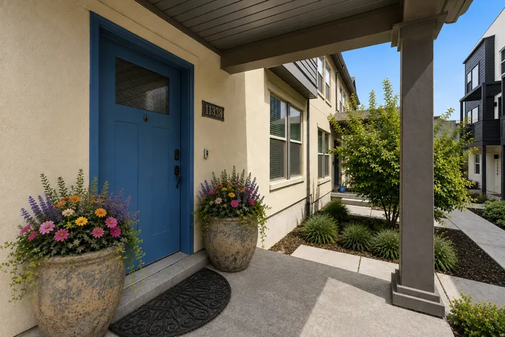 Stucco exterior with a blue paneled entry door featuring a transom window