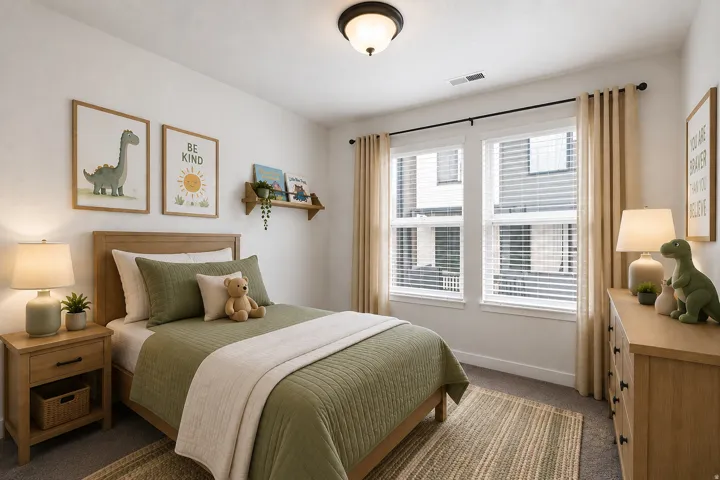 Recessed window with blinds and drapes, wall-mounted shelf, neutral carpet flooring, overhead light fixture
